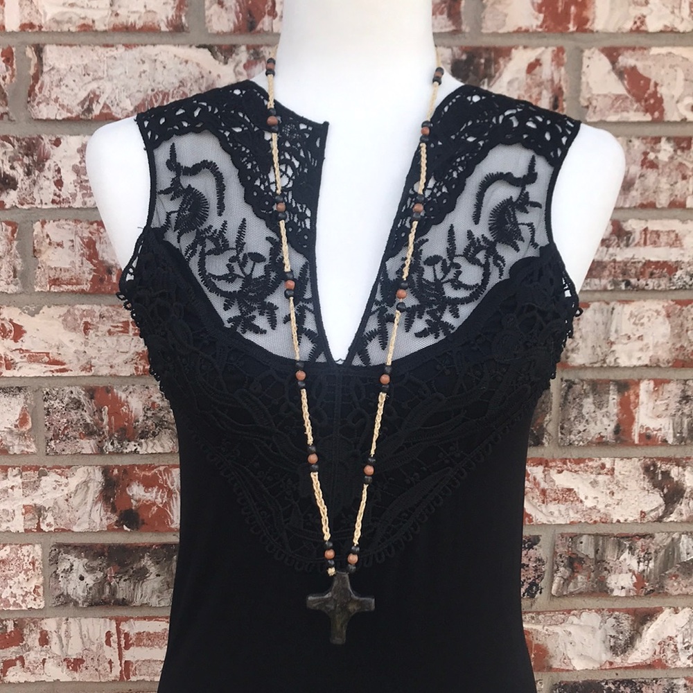 Rustic boho macrame unique cross pendant long necklace